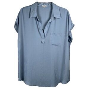 Pleione Sz XL Collared V-Neck Short Sleeve Chiffon Blouse Cornflower Blue